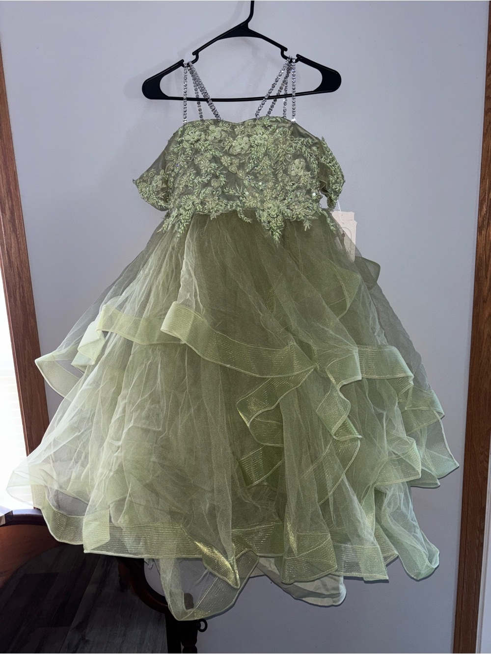 Girls' Olive Green Tulle Party Dress with Beaded Straps
